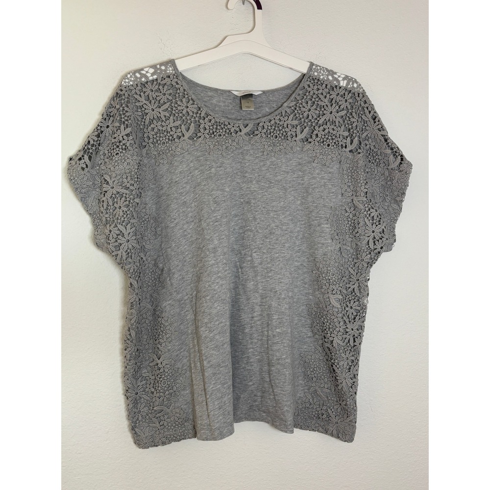 CJ Banks Heather Gray Crochet Lace Trim Short Sleeve Top Plus Size 1X